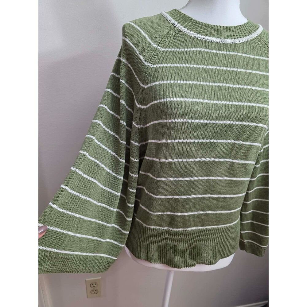 NWT Max Studio London Green Ivory Striped Bell Sleeve Sweater Women M $138